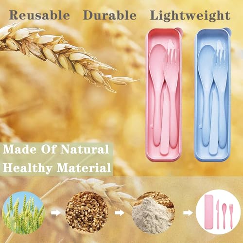 Reusable Travel Utensils Set with Case, 2 Sets Wheat Straw Portable Plastic Fork Spoons Knife Cutlery, Camping Eco-Friendly BPA Free Tableware for Kids Adults Work Picnic or Daily Use (Pink + Blue) - color: Pink+Blue