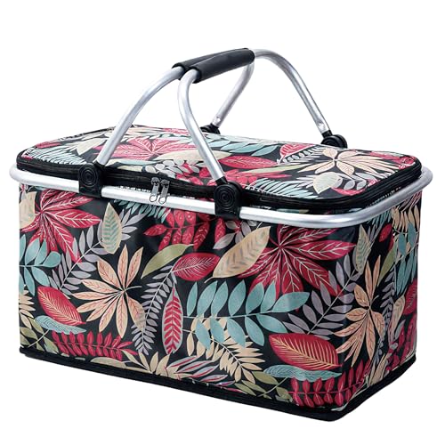Insulated Picnic Basket for 2, Collapsible Shopping Baskets with 29L Large Market Basket with Handles, Folding Grocery Basket Insulated Cooler Bag for Picnic Travel Food Delivery Market Shopping Red - color: Red