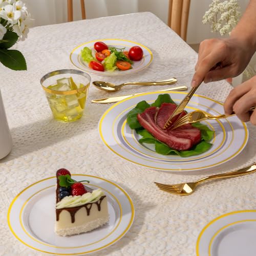 150 PCS Gold Disposable Dinnerware Set for 25 Guests, Gold and White Plastic Plates for Party, 25 Dinner & Salad Plates, 25 Cups, 25 Forks Knives Spoons for Wedding and Party Supplies - color: Gold, size: 25 Guests