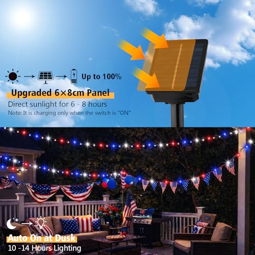 4 Pack Red White and Blue Solar Fairy Lights Outdoor, 131ft 400LED Solar String Lights Waterproof with 8 Modes, Green Wire Twinkle Lights for Independence Day 4th of July Memorial Day Decorations - color: Red Blue White