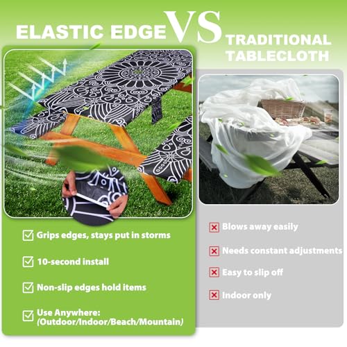 Fitted Picnic Table Cover with Bench Covers Vinyl Waterproof Elastic Edges Fitted Rectangle Tables Patio Tablecloth Camping Gear and Essentials Rv Accessories Road Trip Supplies Car Travel Must Haves - color: Black Mandala, size: 72in