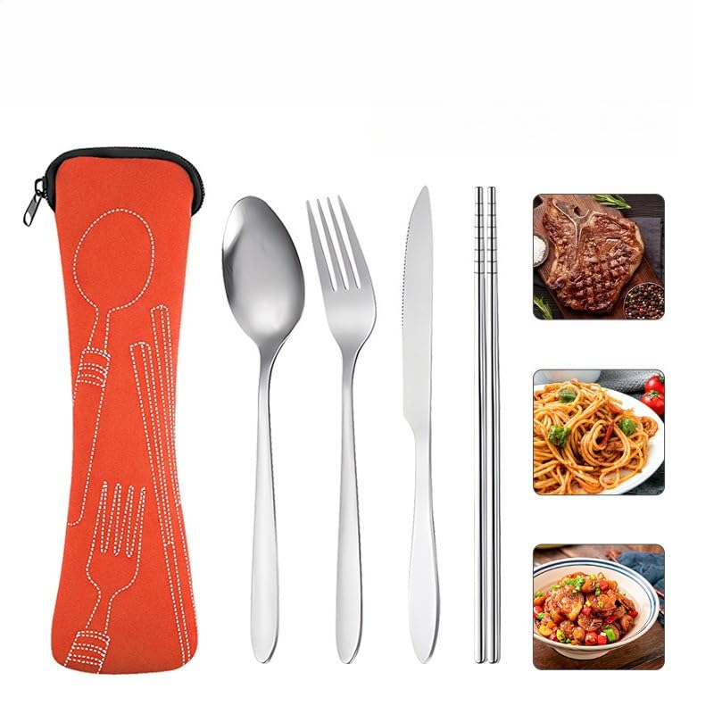 4-piece Cutlery Set, Rust-resistant Stainless Steel Utensils, Suitable for Travel, Camping, Picnics, Work, and Hiking (Orange) - color: Orange
