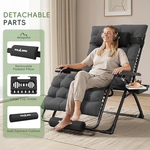 Amopatio Zero Gravity Chair with Removable Cushion & Tray, XL 29In Patio Folding Reclining Lounge Chair with Footrest & Headrest for Indoor and Outdoor, Support 500lbs, Grey&Black - color: Dark Grey&black XL, size: 29in
