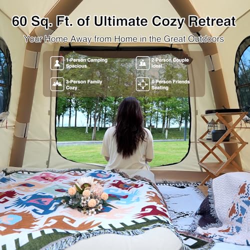 KNUO Inflatable Camping Tent, Large Blow-Up Air Tent, No Assembly Needed Luxury Glamping House, Oxford Fabric - color: Light Beige-Dual-layer Doors, size: 7.8x7.8ft