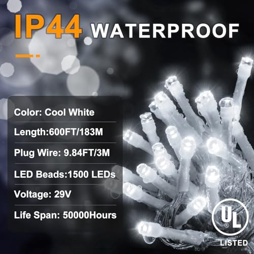 KNONEW 600ft 1500 LED String Lights Outdoor Christmas Lights 8 Modes & Timer Fairy Light Plug in Waterproof LED String Lights for Xmas Yard Tree Wedding Party Holiday Decorations (Cool White) - color: Cool White, size: 600FT 1500 LED