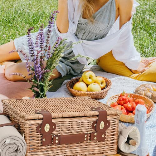 Picnic Basket with Blanket and Wine Pouch for 4, Wicker Picnic Set with Insulated Liner Cooler Bag Hamper for Camping,Wedding - Natural - color: Natural With Blanket for 4