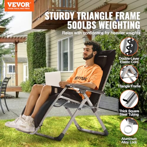 VEVOR Zero Gravity Chair, 26 inch Zero Gravity Recliner Lounge Chair for Indoor and Outdoor, Adjustable Anti Gravity Chair with Cushion, Headrest, Footrest, and Cupholder, 500 lbs, Black - color: Black, size: 26 Inch