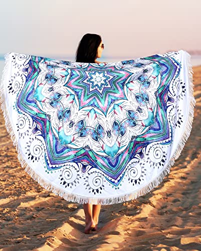 Benefeet Sox Beach Towel Large Round Mandala Pool Towels Tassels Microfiber Quick Dry Beach Blanket Throw Bohemian Roundie Swim Pool Circle Towel, 59 Inches - color: Mandala, Blue White