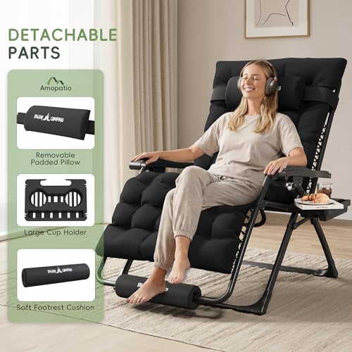 Amopatio Oversized Padded Zero Gravity Chair, XL 29In Reclining Camping Lounge Chair w/Removable Cushion&Headrest, Upgraded Lock and Footrest, Folding Patio Recliner for Indoor Outdoor, Black - color: Black XL, size: 29in