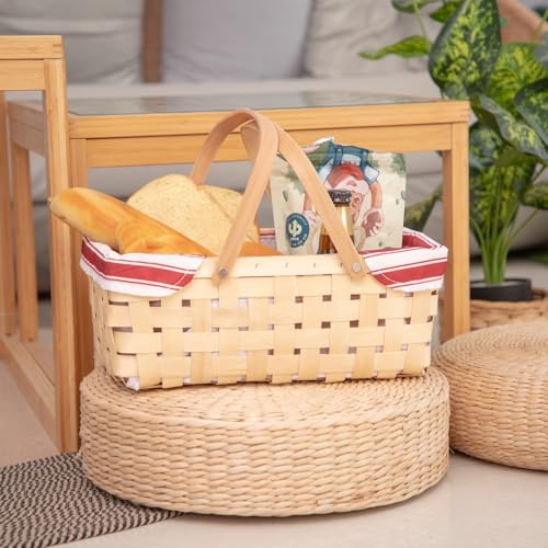 Bamboo Picnic Basket with Handle，Natural Woodchip Basket with Washable Lining for Camping（14X7.5X5.5inches） (Red) - color: Red