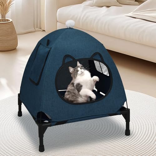 Pozico Elevated Pet Bed with Breathable Mesh for Small Cat and Dog, Raised Cooling Pet Cot for Puppy and Kitty, 18.9x18.9 inch (Navy Blue Bed with Canopy) - color: Navy Blue Bed with Canopy
