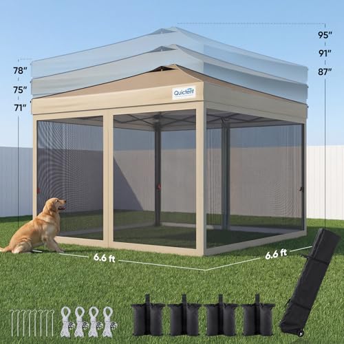 Quictent 6.6x6.6 Pop up Canopy Tent with Netting, Auto-Close Magnetic Doors, One Person Instant Setup Screen House Room Tent Screened Waterproof - color: Khaki, size: 6.6'x6.6'