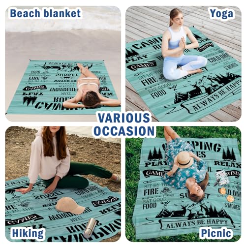 Rustic Camping Rules Pocket Picnic Blankets, Camp Mini Beach Camping Blanket Waterproof Sandproof, Blue RV Decorative Outdoor Blanket Mat Gifts for Camper Campsite Travel Hiking 55x60in - color: Rules