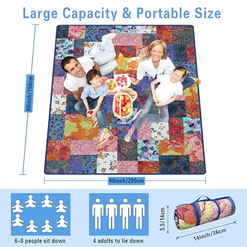 Supfitness Extra Large Picnic Blankets Waterproof Foldable (60"x 80") Beach Blanket Waterproof Sandproof,3-Layer Thicking Mat Outdoor Packable Camping Blanket - color: Flower-4, size: 5' x 6'8" (Rectangular)