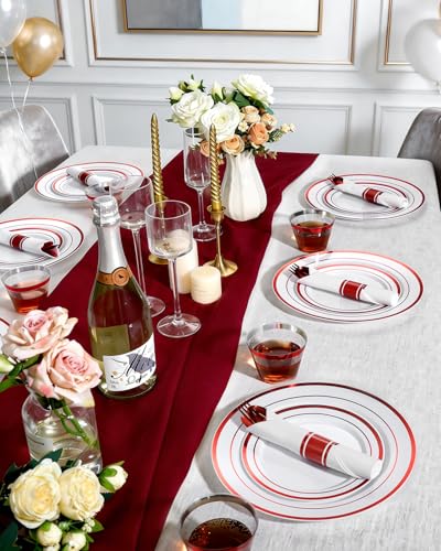 Goodluck 350 Piece Red Plastic Dinnerware Set for 50 Guests, Fancy Disposable Plates for Party, Include: 50 Dinner Plates, 50 Dessert Plates, 50 Pre Rolled Napkins with Silverware, 50 Cups - color: White Red, style: 350 Piece (50 guests)