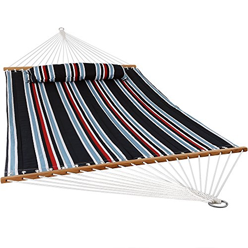 Sunnydaze Quilted Double Hammock for Outside with Spreader Bars and Pillow - 450 lb Capacity, 74x55 Inch Bed, UV Resistant, Quick Dry - Chains Included, Stand Sold Separately - Nautical Stripe - color: Nautical Stripe
