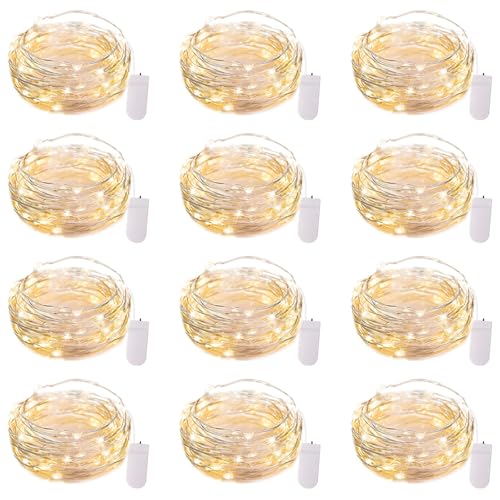 Brightown 12 Pack LED Fairy Lights Battery Operated String Lights - 7ft 20LED Waterproof Silver Wire Firefly Starry Moon Lights for DIY Crafts Wedding Table Centerpieces Party Ramadan Decorations - color: Warm White, size: 12 Pack