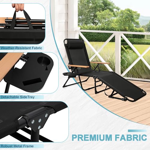 Outdoor Chaise Lounge Chair with 4-Position Adjustable Backrest, Patio Folding Sun Tanning Chair, Pillow & Cup Holder, Portable Recliner Sunbathing Lounger Chairs for Pool Beach Lawn Garden (Black) - color: Black
