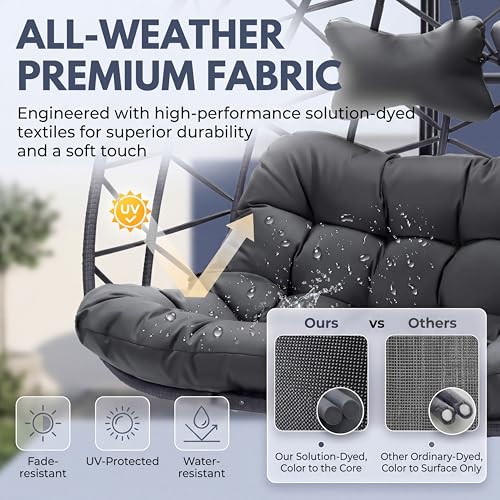 BULEXYARD Extra Large Double Hanging Egg Chair with Stand, 2 Person Outdoor Indoor Swing Chair, Heavy‑Duty Wicker Hammock Loveseat with Cushion for Patio Balcony Backyard, Dark Gray - color: Grey/Grey, size: 2 Seats (No Cover)