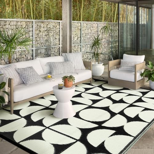 Wonnitar 8x10 Outdoor Rug, Large Waterproof Reversible Outdoor Patio Area Rug, Indoor/Outdoor Plastic Straw Portable Camping Rug for Outside RV Balcony Garden Deck (Black & White,8'x10') - color: Black & White, size: 8' X 10' (Rectangular)