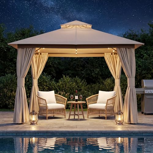 LAUSAINT HOME 8'x8' Outdoor Patio Gazebo, Heavy Duty Party Tent & Shelter with Double Roofs, Mosquito Nettings and Privacy Screens for Backyard, Garden, Deck (Khaki) - color: Khaki, size: 8'x8'