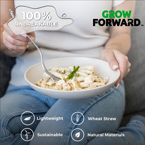 Grow Forward Premium Wheat Straw Pasta Bowls - 30oz Unbreakable Wide & Shallow Dinner Plate Bowls Set of 6 - Microwave Safe Reusable Plastic Pasta Bowls for Kids, Adults, Salad, Camping, RV - Sahara - color: Sahara Beige, size: 30oz