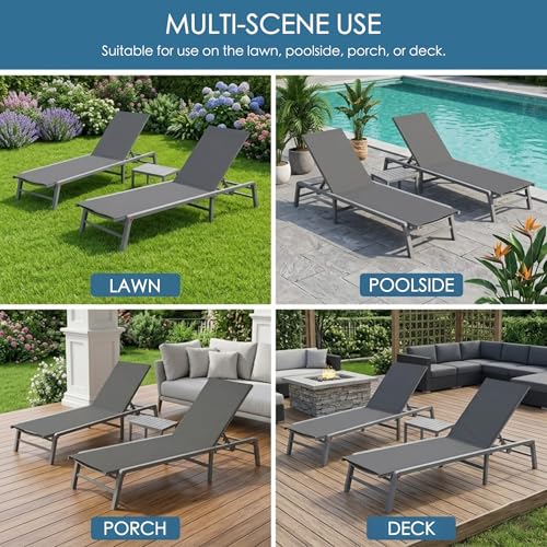 Kozyard Outdoor Foldable Lounge Chair, Aluminum Frame Patio Lounger with 5-Position Adjustable Backrest, Breathable Textilene Fabric, Assemble-Free, Reclining & Full-Flat Poolside (Gray, No Table) - color: Gray/Style3