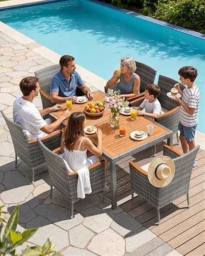 Flamaker 7 Piece Patio Dining Set Outdoor Acacia Wood Table and Chairs with Soft Cushions Wicker Patio Furniture for Deck, Backyard, Garden (Grey) - color: Grey, size: 7 Piece