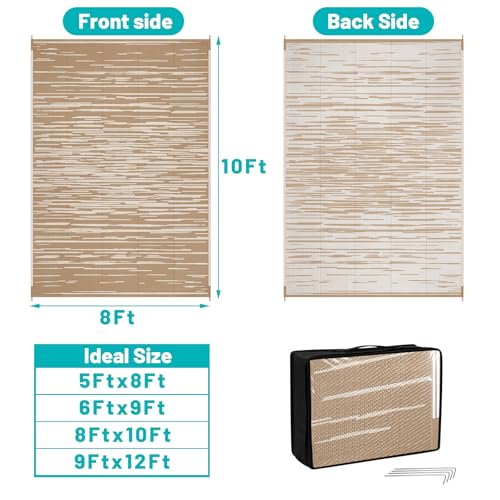 HEBE Outdoor Rug 8'x10' for Patios Clearance, Waterproof Reversible Plastic Straw Rug Camping Mat, Indoor Outdoor Area Rugs Carpet for Deck, Porch, RV, Picnic, Balcony - color: Stripe/Beige, size: 8' x 10' (Rectangular)