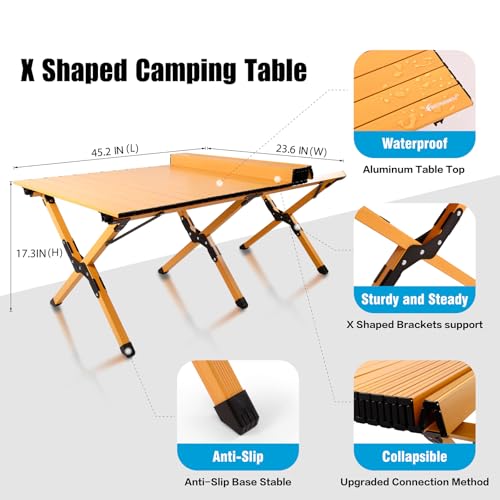 rollingsurfer Folding Camping Table, Lightweight Roll-Up Table Aluminum Low Portable Picnic Table with Carrying Bag for Outdoor, Beach, Picnic, Backyards, BBQ and Party, 45.2''D x 23.6''W x 17.3''H - size: 45.2in