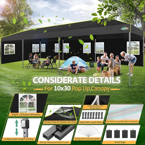 COBIZI 10x30 Pop Up Canopy with Sidewalls, One Push Easy Up Canopy UPF 50+ Waterproof Gazebo Party Tents for Parties, Backyard, Commercial Event, Black - color: Black(1-year warranty), size: 10x30