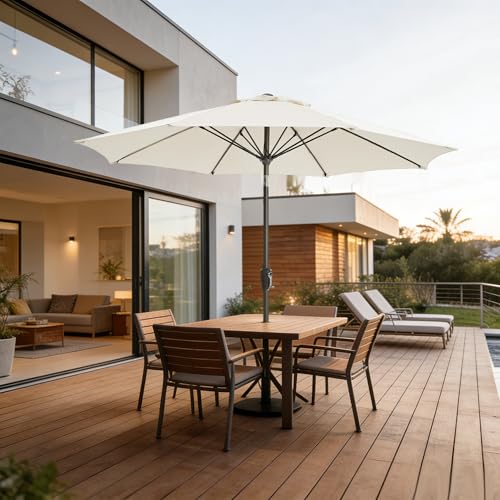 9FT Outdoor Patio Umbrella Outdoor pool Umbrella with Push Button Tilt and Crank, Market Umbrella 8 Sturdy Ribs UV Protection for Garden, Deck, Backyard (White) - color: White