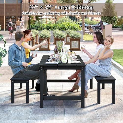 Tangkula 3 Pieces Outdoor HDPE Dining Table Set with 2 Benches, Weather Resistant Patio Furniture Set with 1.77” Umbrella Hole and Wood-Like Surface for Garden, Backyard and Poolside (Black, 3 Pcs) - color: Black, size: 3 Pcs