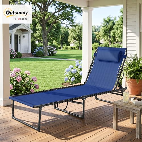 Outsunny Folding Chaise Lounge Chair, Patio Sun Tanning Chair, Outdoor Chaise Lounger with 4-Position Reclining Back, Breathable Mesh Seat for Beach, Poolside, Yard, Blue - color: Blue, size: 1 Pack