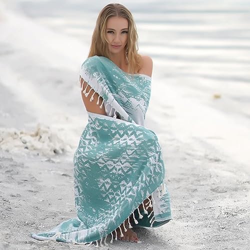 BAGNO MILANO Beach Towels Organic Turkish Cotton Soft, Quick Dry Oversized Turkish Towel Throw Blanket for Beach, Yoga, Spa, Pool (Areola Green, Beach Towel) - color: Areola Green
