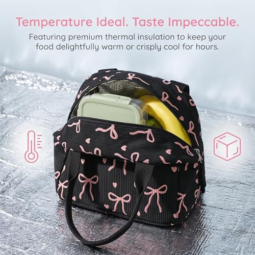 LEDAOU Lunch Box for Women Insulated Lunch Bag Corduroy Lunch Tote Bags Leakproof Cooler Lunch Case for Travel Work Picnic (Bow Tie Black) - color: Bow Tie Black