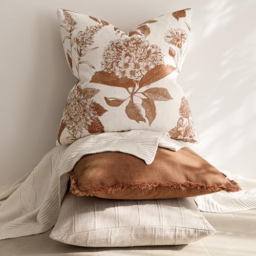 Foindtower Set of 2 Linen Floral Throw Pillow Covers Vintage Accent Print Decorative Cozy Cushion Covers Farmhouse Boho Home Decor for Sofa Chair Couch Bedroom Living Room,20×20 Inch,Autumn Orange - color: Autumn Maple, size: 20" x 20" (Pack of 2)