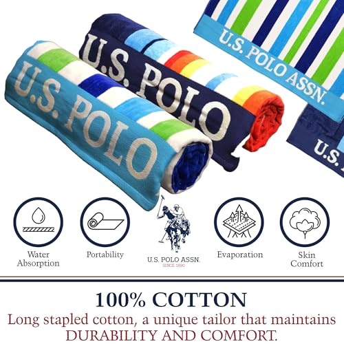 U.S. Polo Assn. 2-Pack Luxury Plush Cotton Oversized (40" x 70") Beach Towels, Striped Nautical Design, Hotel Quality for Bath & Pool- Dark Blue/Light Green - color: Dark Blue/Light Green, size: 40" x 70"