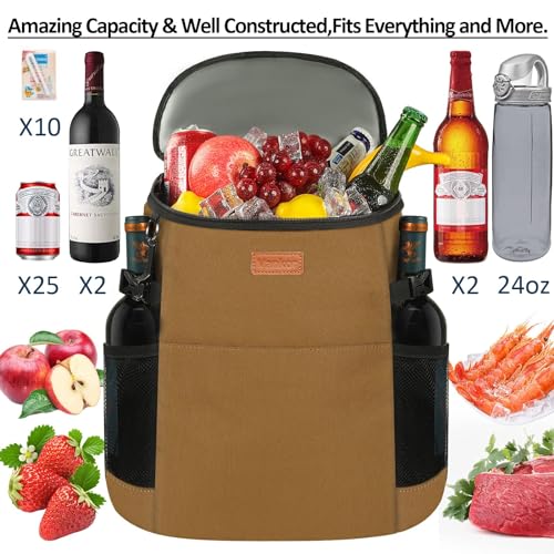 Camping Cooler Backpack 30 45 Cans, Soft Backpack Coolers Insulated Leak Proof Travel Cooler Bag Waterproof Lunch Picnic Beach Work Trip Thermal Bag Drink Beverage Beer Bag Cooler - color: Khaki Brown, size: 30 Cans