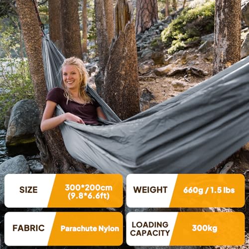 NATUREFUN Ultra-Light Travel Camping Hammock | 300kg Load Capacity,Breathable,Quick-Drying | 2 x Premium Carabiners,2 x Nylon Slings Included | Outdoor Indoor Garden - color: Grey, size: 300x200cm