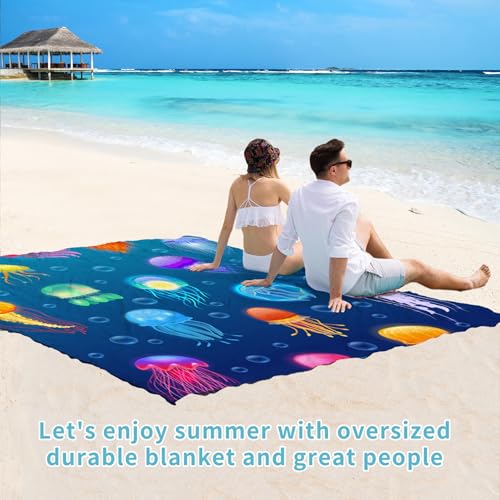 Beach Blanket Waterproof Sandproof 78''×81'' Large Suits 1-5 Adults Oversized Lightweight Picnic Mat Sand-Free Blanket for Camping Hiking Beach Travel - color: Jellyfish, size: 78''x81''