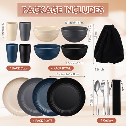 Teenyyou 4 Sets Camping Mess Kits for 4 Person Camping Silverware Set Include Cup, Bowl, Plate, Knife, Spoon, Fork Cutlery Set Unbreakable Wheat Straw Dinnerware Utensils for Travel - color: Dark Color