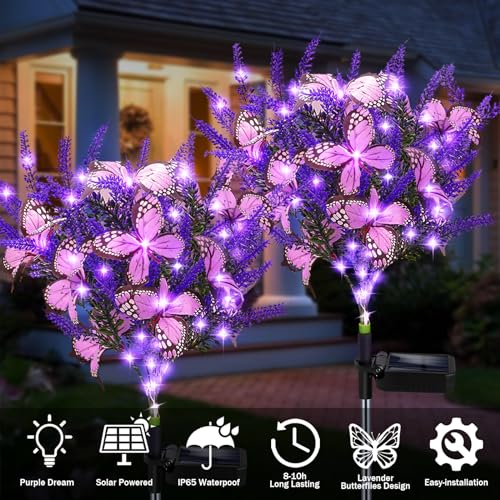 Kohlrabi Solar Garden Lights Outdoor, 4 Pack Purple Lavender Solar Butterfly Lights Gardening Gifts for Women,Artificial Flowers Light Purple Halloween Garden Decor for Patio Yard Lawn Christmas - color: Purple, size: 4 Pack
