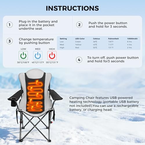 OUTSIDER Heated Camping Chair Heavy Duty 3-Position Folding Camp Chair with 3 Heat Levels,Cup Holder & Side Storage-Outdoor Heating Camping Chair for Adults, Supports 350lbs Battery Not Included(2pcs)