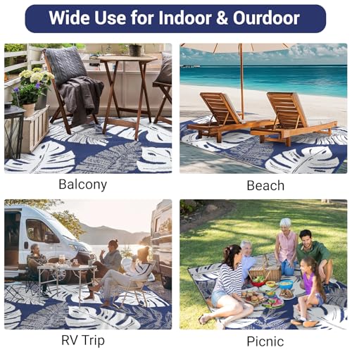 Garvee Patio Rugs Outdoor 9x12 Plastic Straw Rug Modern Reversible Camping Carpet, Waterproof Palm Leaf Outdoor Mat with 4 Stakes and Storage Bag for RV, Picnic, Backyard, Deck, Balcony, Porch, Beach - color: Leaf|navy&white, size: 9' x 12' (Rectangular)