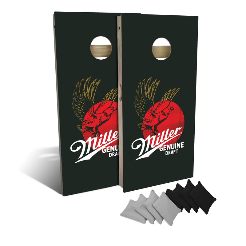 Slick Woody's Professional-Grade Cornhole Boards - 4'x2' Solid Wood Regulation Man Cave + Beer Branded Corn Hole Toss Game with 8 Resin Filled Bags - color: Miller Genuine Draft
