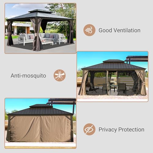 Domi 10' X 14' Hardtop Gazebo, Upgraded Metal Gazebo with Drainage System, Dual-Layer Galvanized Steel Roof, Curtain and Netting, Outdoor Shelter Canopy for Patio, Garden, and Backyard, Brown - color: Brown, size: 10'x14'/w gutter