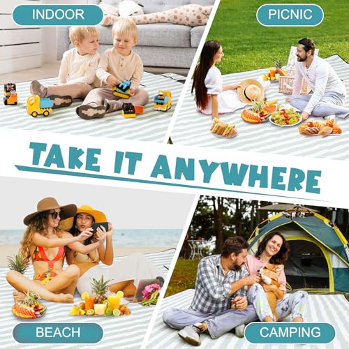 80" x 100" Extra Large Picnic Blankets Beach Mat Sandproof Waterproof Foldable Oxford Blanket Beach Mat Picnic Stuff for Family Camping Hiking Party Park Grass(Green and White,Stripe) - color: Green and White, style: Stripe
