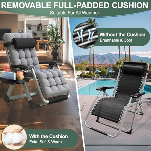 XL Zero Gravity Lounge Chair 29", Oversized Padded Folding Recliner for Patio with Storage Bag, Removable Cushion, Footrest, Full Aluminum Lock & Large Cup Holder, Supports 450 lbs, Grey - color: 29in - Grey-1