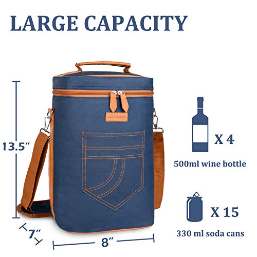 Tirrinia 4 Bottle Wine Gift carrier - Insulated & Padded Portable Versatile Wine Carrying Cooler Tote Bag for Travel, BYOB Restaurant, Wine Tasting, Party, Gift for Wine Lovers, Dark Blue - color: Blue, size: 4 Bottle-without front pocket